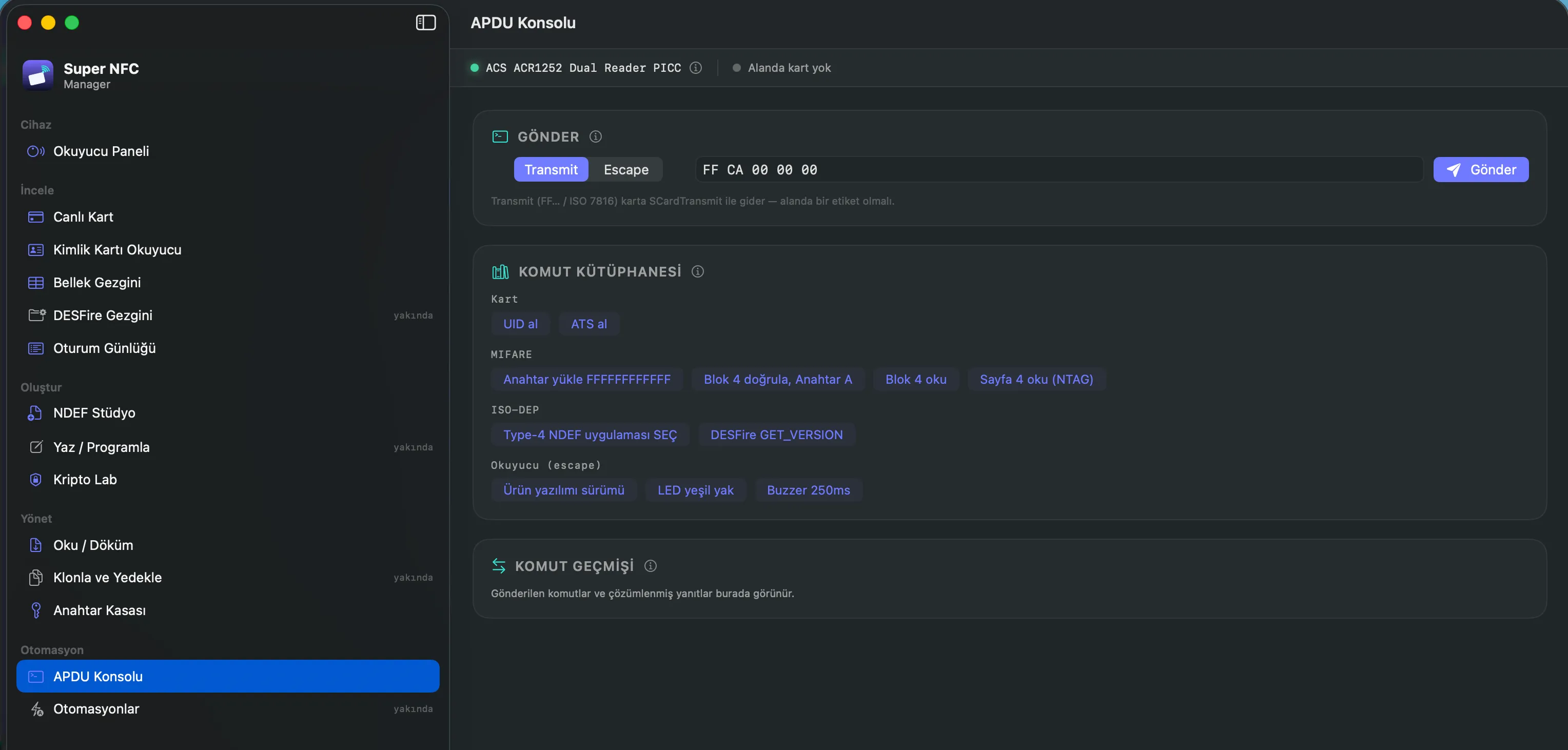 Oberfläche von Super NFC Manager mit Kartenspeicher-Explorer und APDU-Konsole